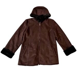 Marvin Richards Brown Faux Suede Fur Lined Hooded Zip Up Jacket Women's XL‎
